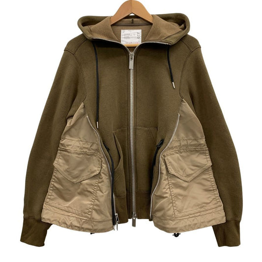 美品◆サカイ ジップアップパーカー Sponge Sweat x Nylon Twill Hoodie カーキ レディース サイズ2 SCW-077 Sacai 【AFB7】