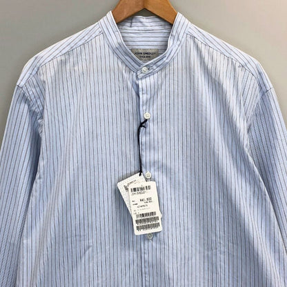 新品同様◆ジョンスメドレー シャツ ノーカラー バンドカラー 長袖 ストライプ メンズ ブルー系 サイズM JOHN SMEDLEY 【AFB36】