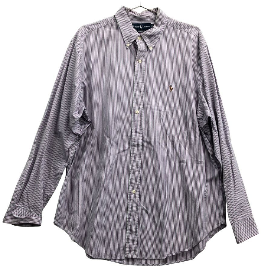 美品◆ラルフローレン ボタンダウンシャツ 90S ストライプ パープル×グリーン メンズ サイズ17 Ralph Lauren 【AFB19】