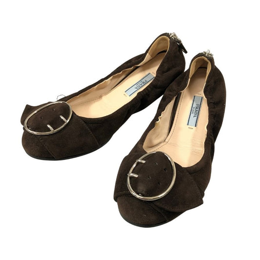プラダ バレエシューズ スエード ベルト ジップ ブラウン レディース サイズ37 PRADA 約24.0cm【AFC52】