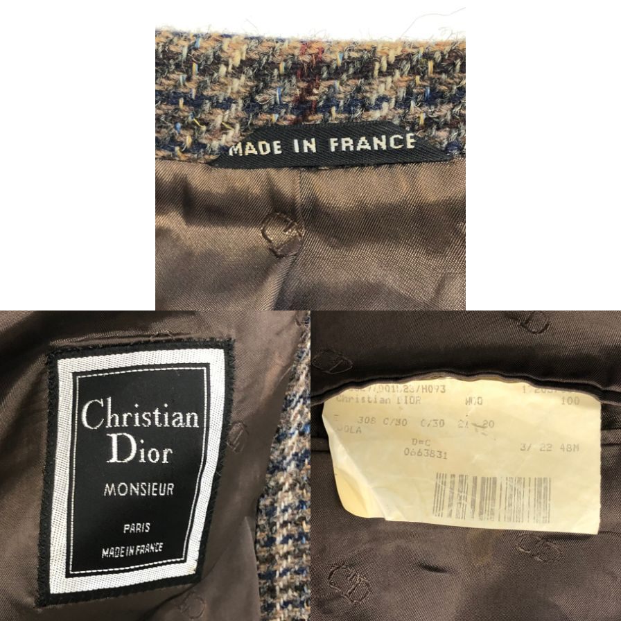 中古◆クリスチャンディオール ムッシュ テーラードジャケット チェック フランス製 メンズ サイズ48 Christian Dior MONSIEUR 【AFF22】