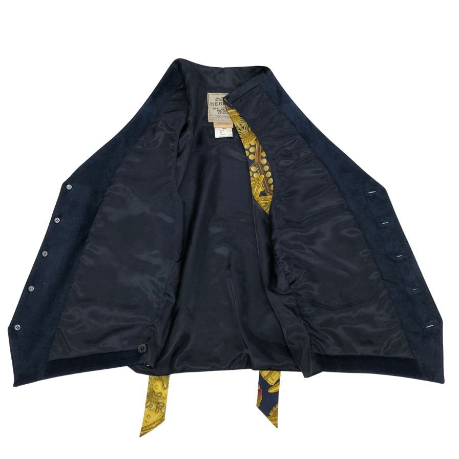 美品◆エルメス ジレ ヴィンテージ L'OR DES CHEFS ネイビー系 シルク×ピッグスキン サイズ48 メンズ HERMES 【AFB20】