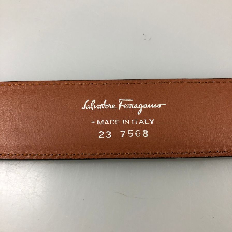 サルヴァトーレフェラガモ レザーベルト 23 7568 ダークブラウン シルバー金具 メンズ Salvatore Ferragamo【AFB55】