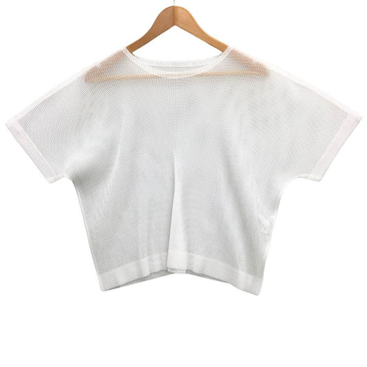 極美品◆プリーツプリーズ イッセイミヤケ メッシュ カットソー レディースサイズ3 ホワイト PLEATS PLEASE ISSEY MIYAKE 【AFB26】