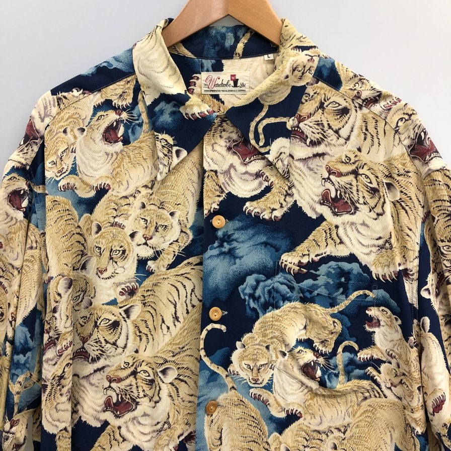 極美品◆サンサーフ アロハシャツ 百虎 スペシャルエディション ワードローブ 復刻 SS31814 レーヨン メンズ マルチカラー ブルー系 サイズL SUNSURF 【AFB37】