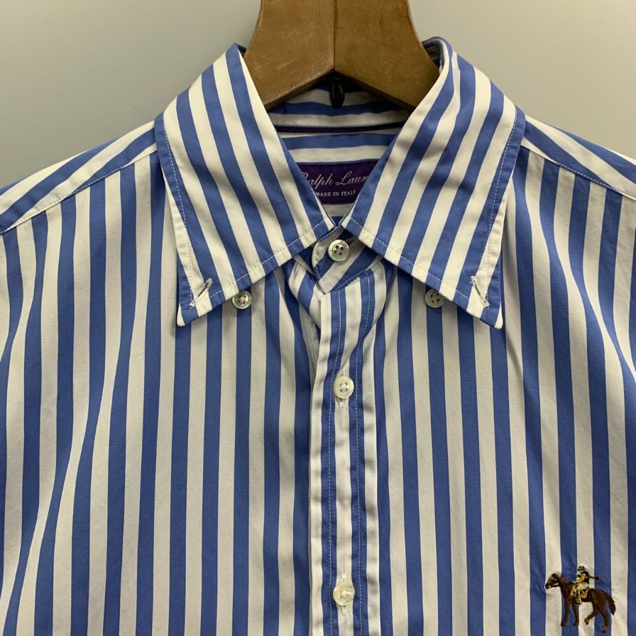 美品◆ラルフローレン シャツ パープルレーベル ロゴ刺繍 ストライプ コットン ブルー系 メンズ サイズ165/88A RALPH LAUREN 【AFB11】