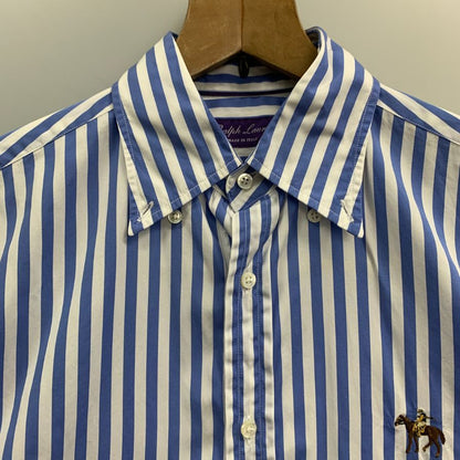 美品◆ラルフローレン シャツ パープルレーベル ロゴ刺繍 ストライプ コットン ブルー系 メンズ サイズ165/88A RALPH LAUREN 【AFB11】