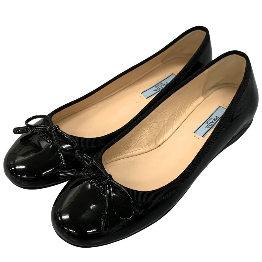 プラダ エナメル パテントレザー フラットシューズ ロゴ＆リボンあしらい レディース サイズ36 ブラック PRADA 約22.5cm【AFC47】