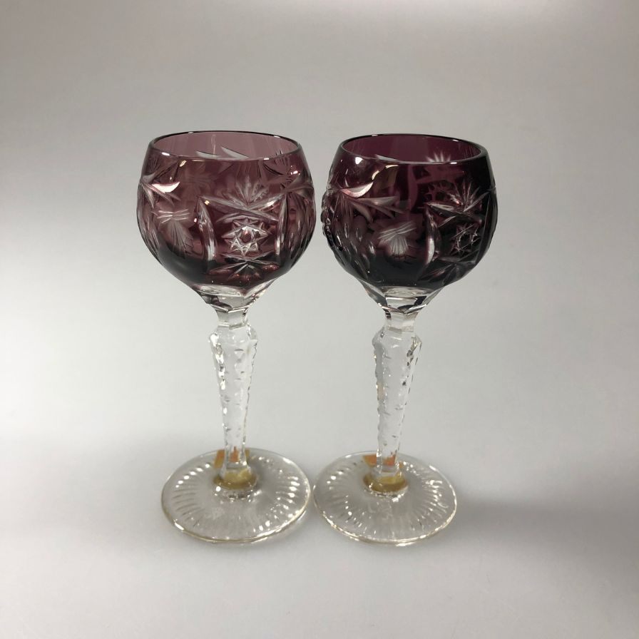 ナハトマン 2客セット 切子風 赤被せ ワイングラス ドイツ製 クリスタル NACHTMANN【AFI8】【中古】
