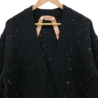 美品◆ヌメロヴェントゥーノ スパンコールあしらい 袖＆裾色切り替え カーディガン ウール 100% レディース ブラック N°21 【AFB18】