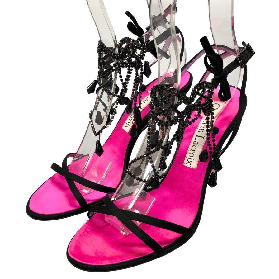 クリスチャン ラクロワ パンプス ビーズストラップ レザー ヒール ブラック ピンク レディース サイズ38 Christian Lacroix 約24.5cm【AFD1】