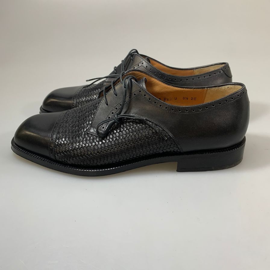 フェラガモ レザーシューズ  9861メッシュ パンチドキャップトゥ Vフロント カーフ ブラック サイズ8.5 メンズ Salvatore Ferragamo 約27.5cm【PTM5】