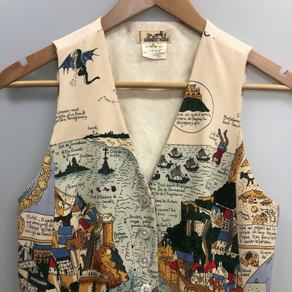 中古◆エルメス ベスト マップイラスト風 シルク ボタン レディース 総柄 サイズ36 HERMES 【AFB11】