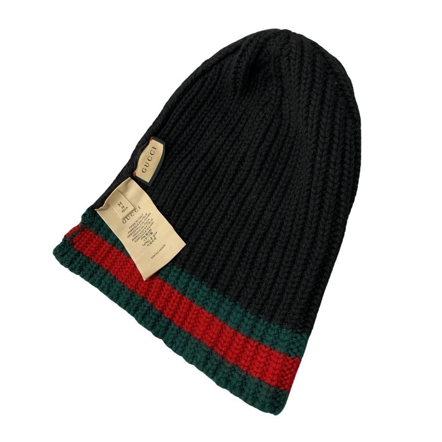 グッチ ビーニー シェリーライン ウール ミドルゲージ 編み込み ニット帽 ニット キャップ ブラック ユニセックス GUCCI
