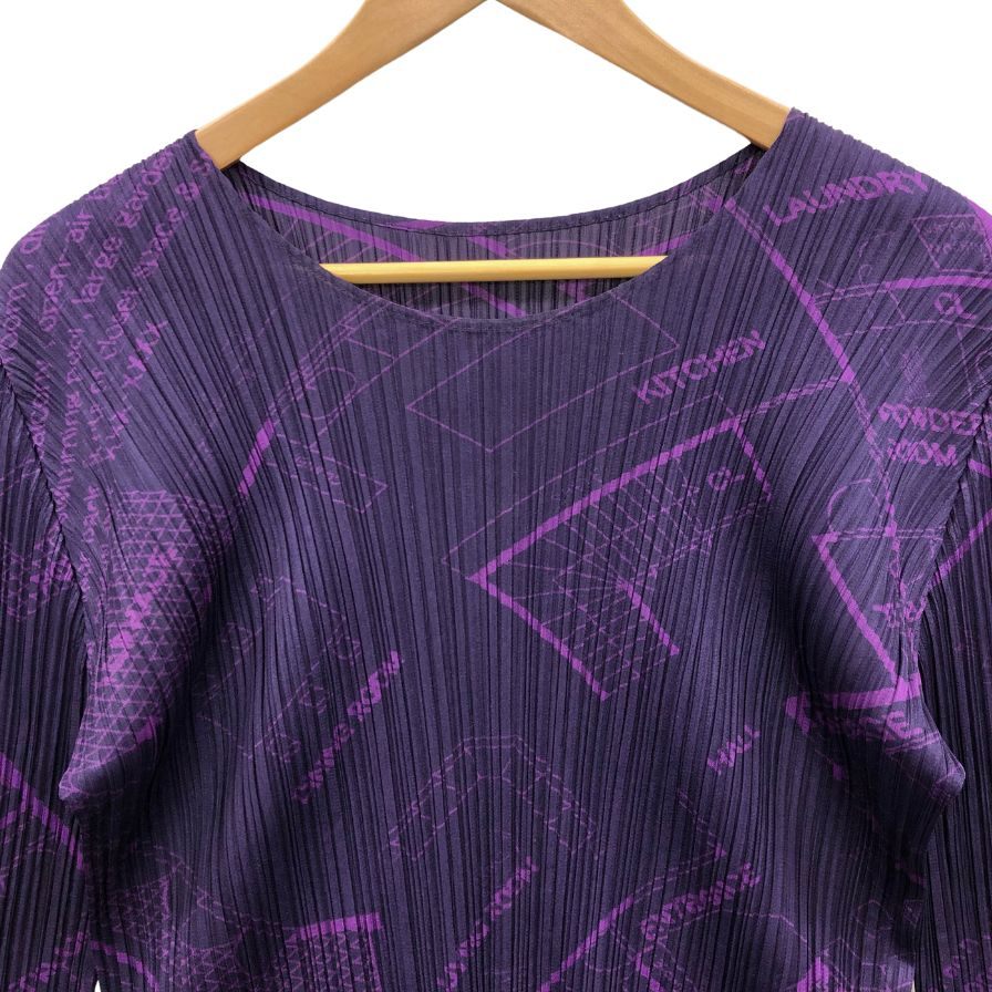 美品◆プリーツプリーズ イッセイミヤケ 長袖カットソー 総柄 パープル レディース サイズ3 PP53-JK671 PLEATS PLEASE ISSEY MIYAKE 【AFB46】