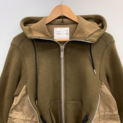 美品◆サカイ ジップアップパーカー Sponge Sweat x Nylon Twill Hoodie カーキ レディース サイズ2 SCW-077 Sacai 【AFB7】