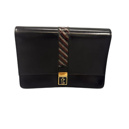 テストーニ ポーチ レザー コンビ クロコ型押し ブラック a.testoni【AFE5】【中古】