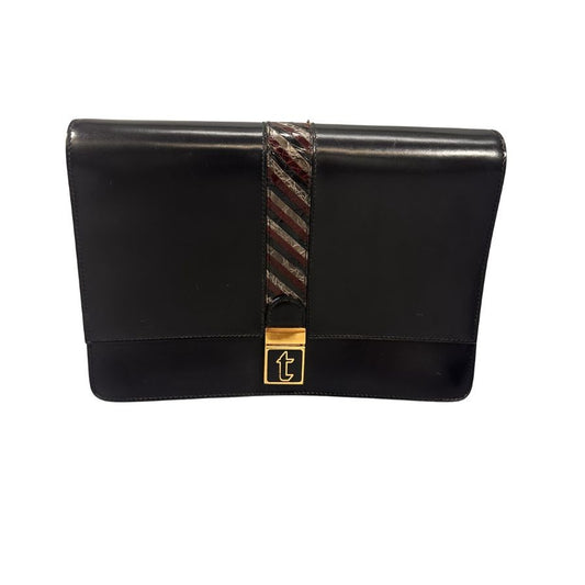 テストーニ ポーチ レザー コンビ クロコ型押し ブラック a.testoni【AFE5】【中古】