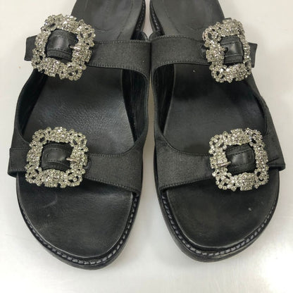 マノロブラニク サンダル ハンギシ ビジュー付き レザー×サテン ブラック レディース サイズ39 MANOLO BLAHNIK 約25.0cm【YB3】