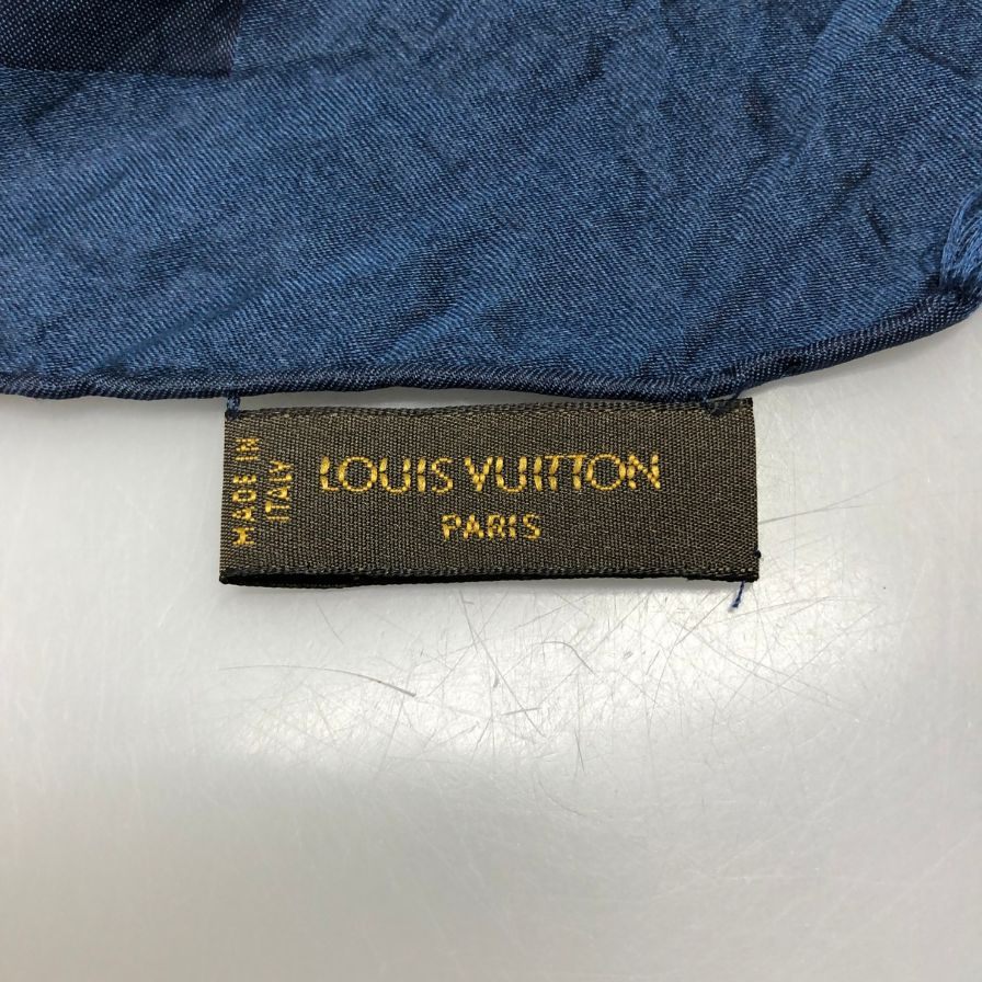 ルイヴィトン スカーフ 100% シルク モノグラム フリンジ 総柄 ネイビー LOUIS VUITTON【AFB49】