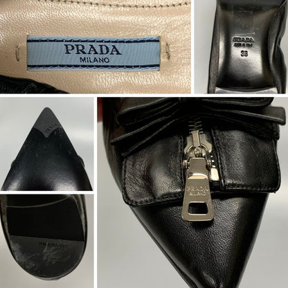 プラダ バレエシューズ フラットシューズ リボン＆チャックあしらい レディース サイズ36 ブラック PRADA 約22.5cm【AFC33】