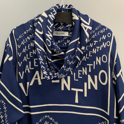 美品◆ヴァレンティノ プルオーバーシャツ ロゴ総柄 シルク ネイビー サイズ40 レディース Valentino 【AFB9】