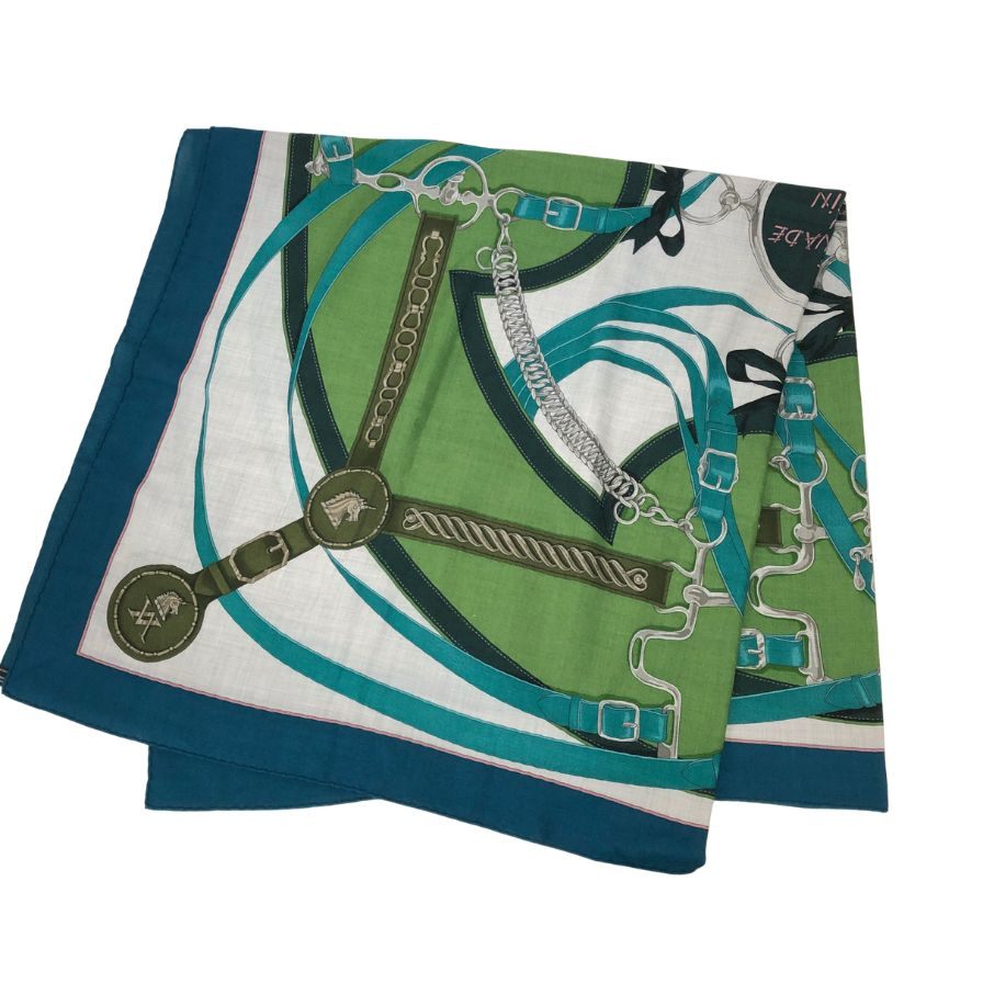 エルメス ストール カレジェアン 140 LA PROMENADE DU MATIN 朝の散歩 カシミヤ×シルク ブルーグリーン レディース HERMES【AFI29】