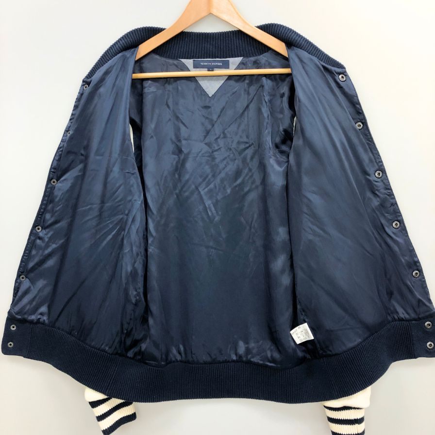 中古■トミーヒルフィガー スタジャン リブ ニットジャケット ブルゾン アップリケ ワッペン ネイビー メンズ サイズL TOMMY HILFIGER 【AFB18】