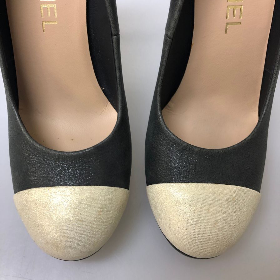 シャネル パンプス ハイヒール ココマーク ラウンドトゥ バイカラー ホワイト ブラック レディース サイズ36.5 CHANEL 約23.5cm【AFC44】
