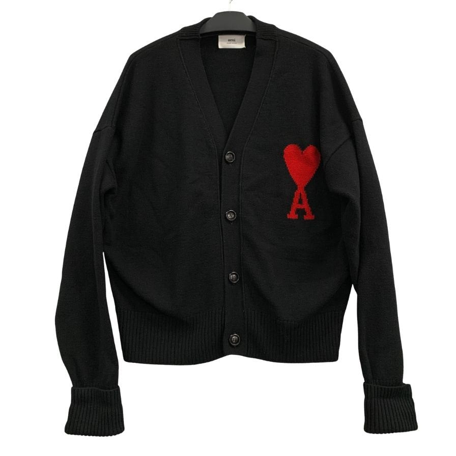 美品◆アミ アレクサンドル マテュッシ カーディガン ハートロゴ ウール ブラック メンズ サイズXL ami alexandre mattiussi 【AFB4】