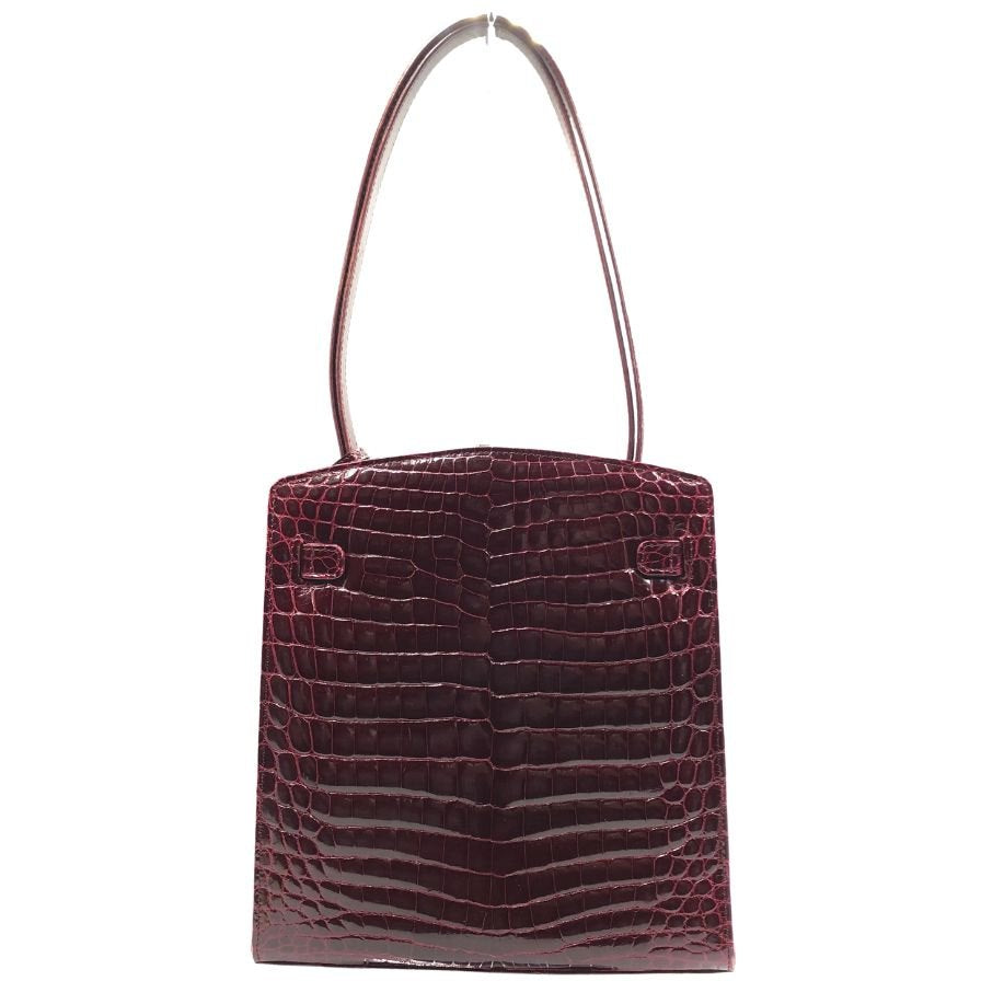 ノーブランド ショルダーバッグ クロコダイル 本革 レザー ターンロック ボルドー ゴールド金具 GENUINE CROCODILE SKIN【AFE6】