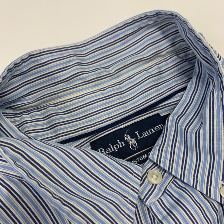 美品◆ラルフローレン ボタンダウンシャツ 90S オールド ストライプ ブルー系 メンズ サイズ4L Ralph Lauren 【AFB13】