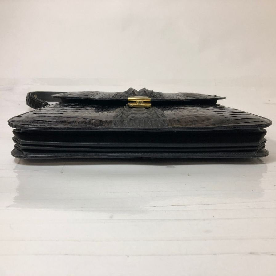 ノーブランド クロコ型押し ハンドバッグ ゴールド金具 ブラック【AFE5】