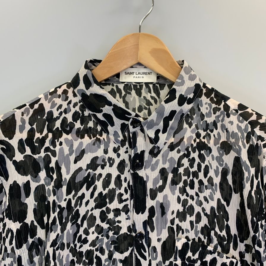 美品◆サンローラン シャツ 長袖 20SS 599291 コットン シルク レオパード シースルー プリーツ加工 メンズ サイズ38 ホワイト系 SAINT LAURENT 【AFB1】