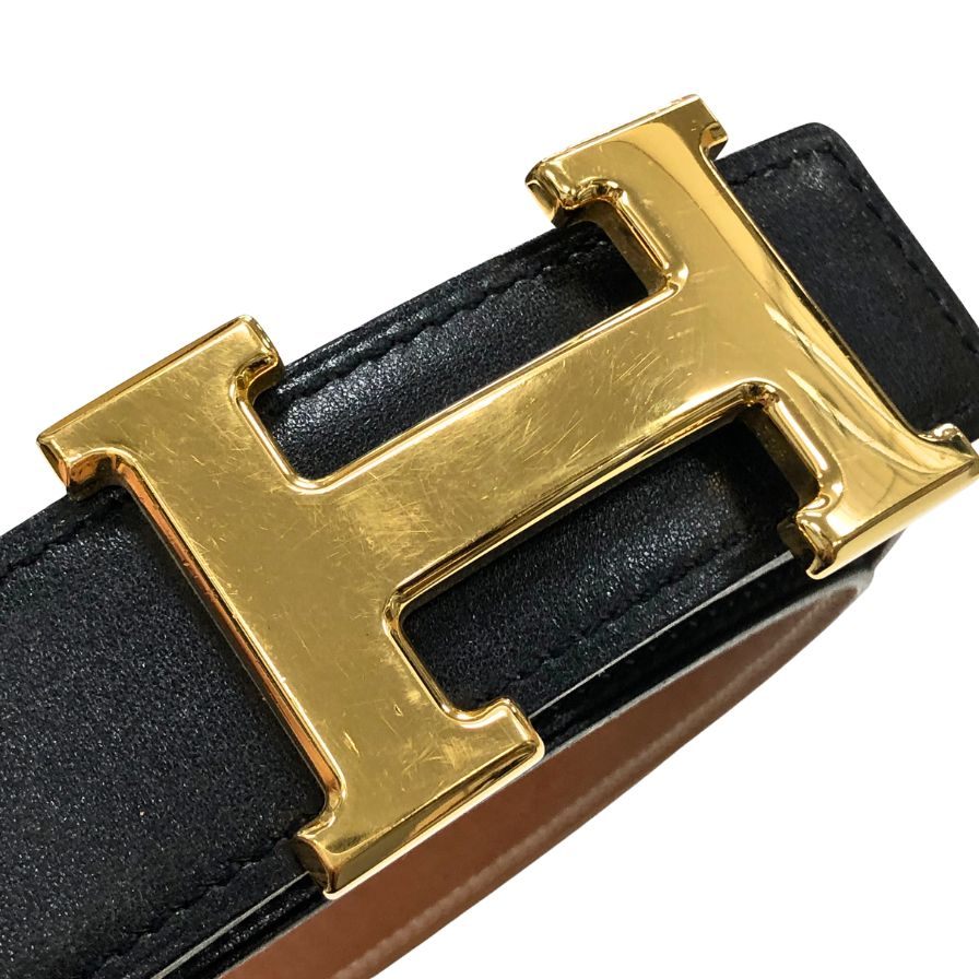 エルメス ベルト H バックル ボックスカーフ トゴ □C刻 ブラック ブラウン ゴールド金具 HERMES【AFI9】