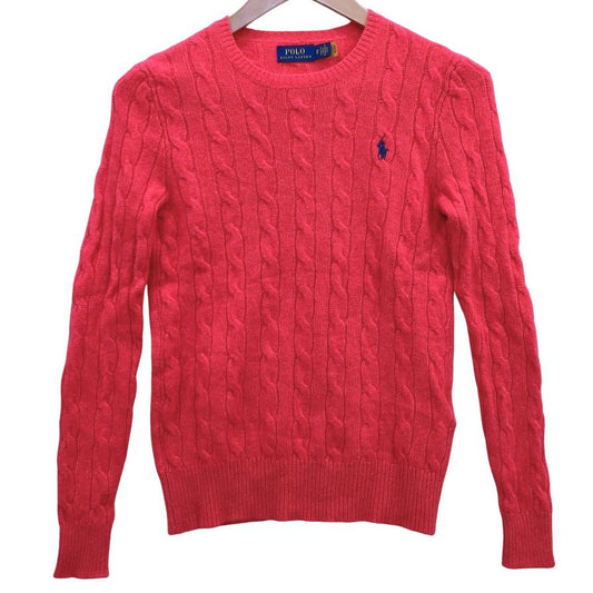 極美品◆ポロ ラルフローレン セーター ケーブル ニット ウール カシミア 刺繍 ロゴ ピンク レディース サイズXS POLO RALPH LAUREN 【AFB6】