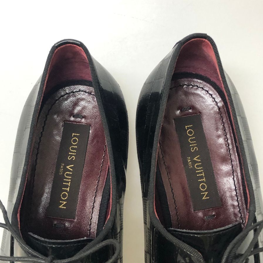 ルイヴィトンST1008 レザーシューズ プレーントゥ ガラスレザー チェック柄 ブラック サイズUK8 メンズ LOUIS VUITTON 約27.0cm【AFC4】
