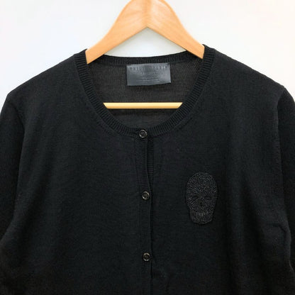極美品◆フィリッププレイン カーデイガン スカルビジュー ウール100% レディース サイズL ブラック Philipp Plein 【AFB31】