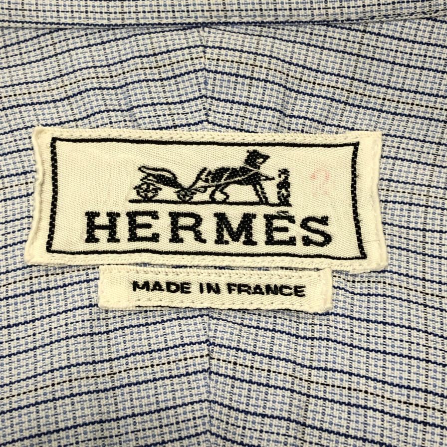 美品◆エルメス オールド 長袖BDシャツ 袖セリエボタン ストライプ フランス製 メンズ サイズ40 15 3/4 ブルー HERMES 【AFB46】