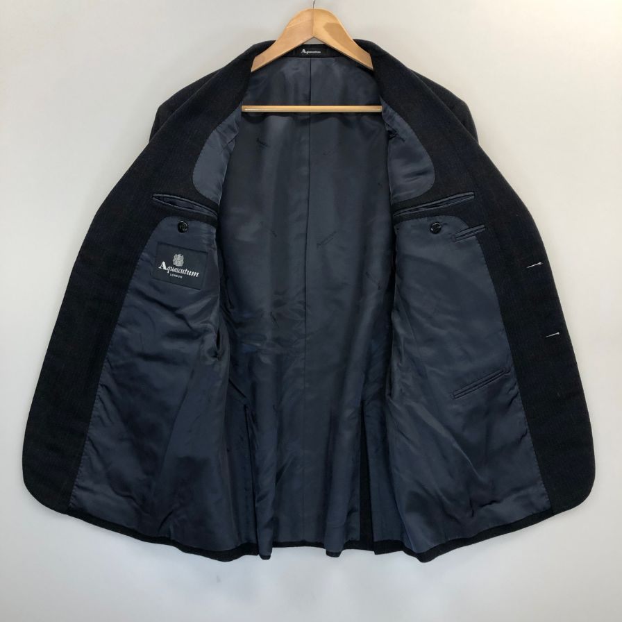 美品◆アクアスキュータム テーラードジャケット カシミア 100% チェック ネイビー メンズ サイズ96 AB5 Aquascutum 【AFB2】