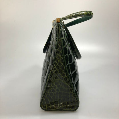 ブランド不明 クロコダイル想定 ハンドバッグ シャイニー ゴールド金具 レディース グリーン【AFE1】