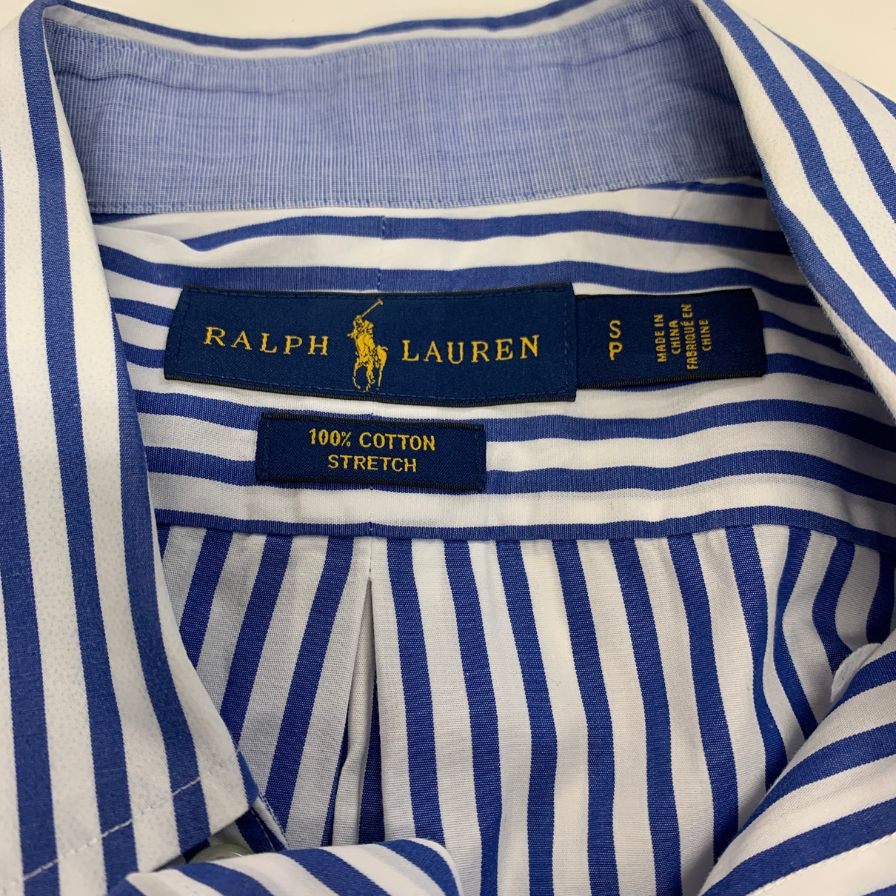 美品◆ラルフローレン シャツ ストライプ イエローロゴ刺繍 コットン ブルー系 メンズ サイズSP RALPH LAUREN 【AFB11】