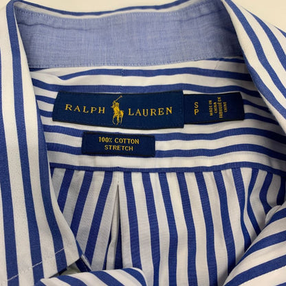 美品◆ラルフローレン シャツ ストライプ イエローロゴ刺繍 コットン ブルー系 メンズ サイズSP RALPH LAUREN 【AFB11】