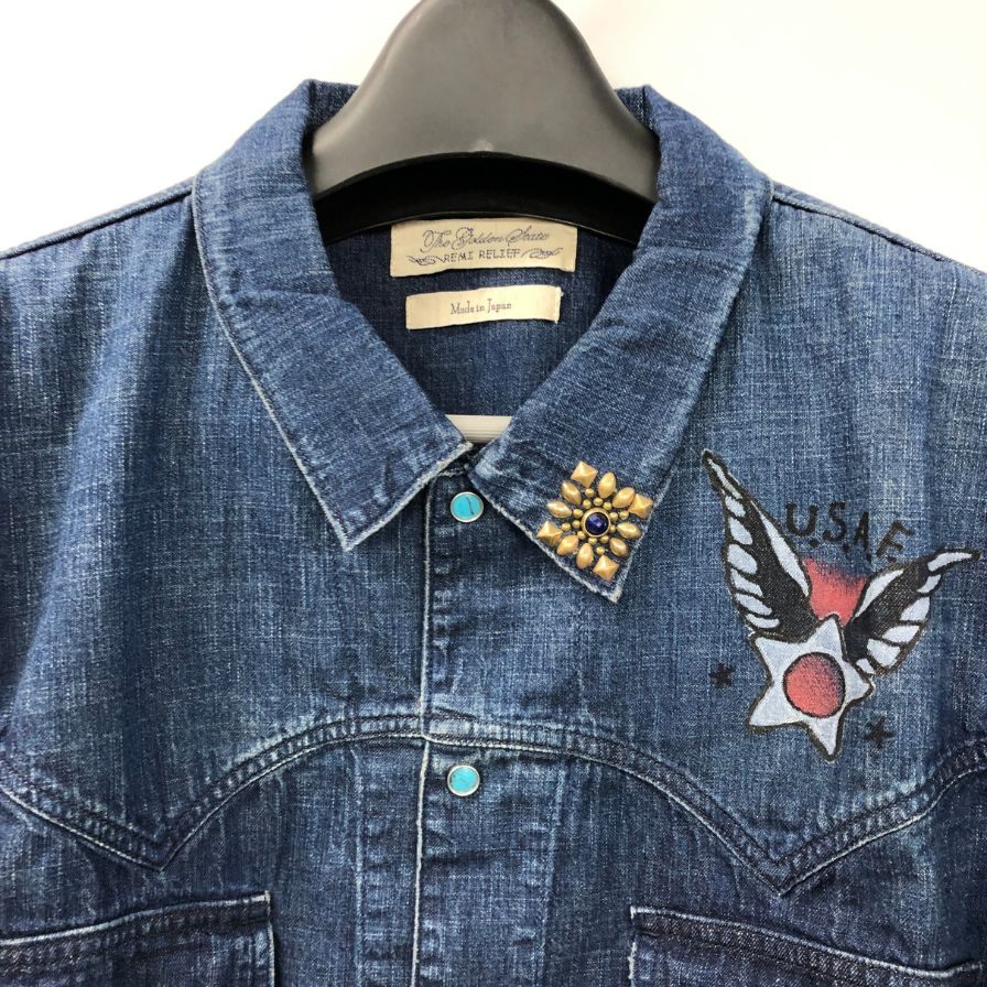 極美品◆レミレリーフ デニムウエスタンシャツ ビジュー付き メンズ サイズXL REMI RELIEF 【AFB36】