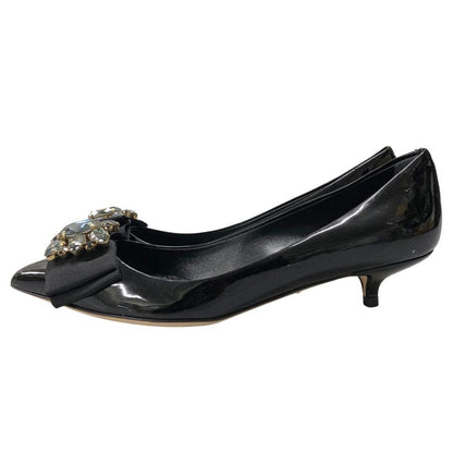 ドルチェ&ガッバーナ エナメル パンプス ビジューリボン レディース サイズ36 ブラック DOLCE&GABBANA 約22.5cm【AFC46】