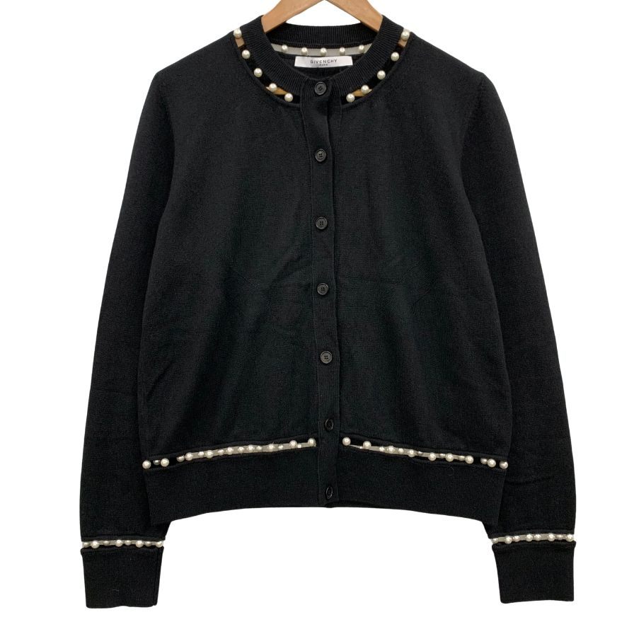 極美品◆ジバンシィ カーディガン フェイクパールあしらい シルク＆カシミア混 17AW レディース サイズL ブラック GIVENCHY 【AFB20】