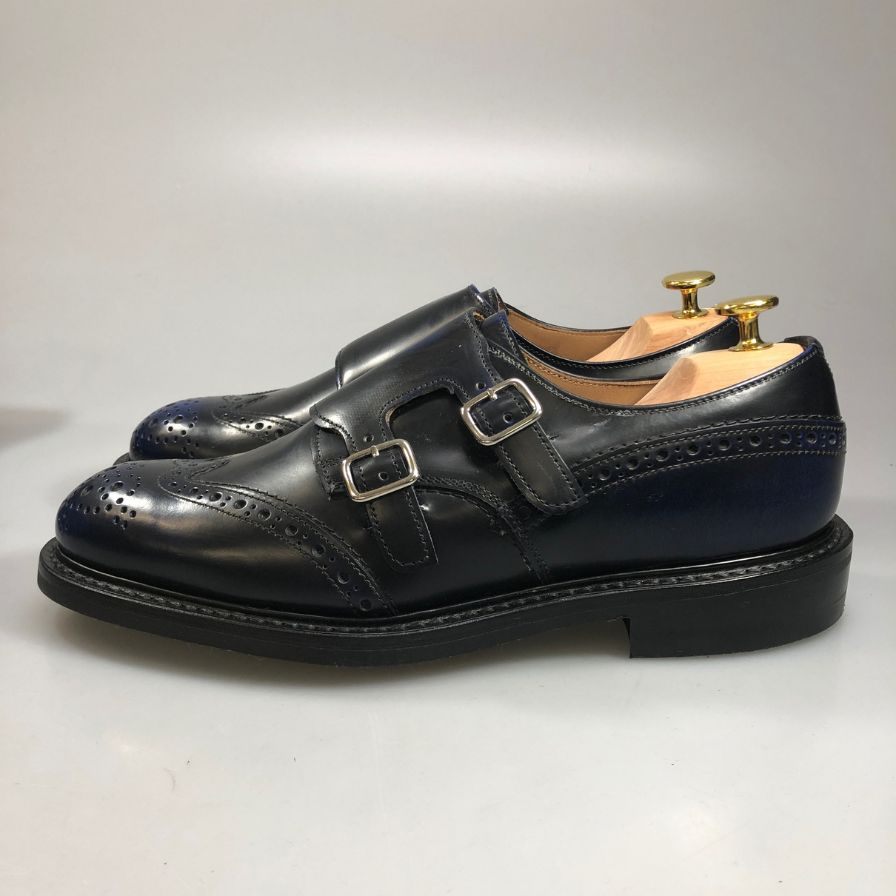 トリッカーズ モーガン レザーシューズ ダブルモンク ストラップ 7867 ブラック ブルー メンズ サイズ7.5 Tricker‘s MORGAN ビジネスシューズ 約26.0cm【LA】【中古】