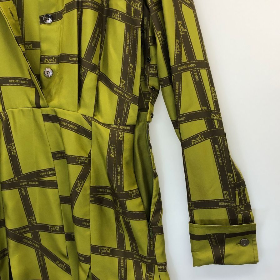美品◆エルメス マルジェラ期 ワンピース ヴィンテージ 総柄 ボルデュック カーキ レディース サイズ34 HERMES 【AFB2】