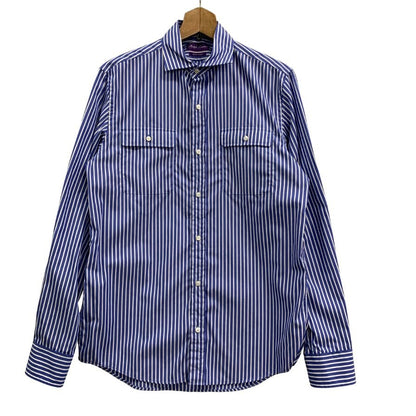 美品◆ラルフローレン シャツ パープルレーベル 2ポケット ストライプ コットン ブルー系 メンズ サイズ175/96A RALPH LAUREN 【AFB11】