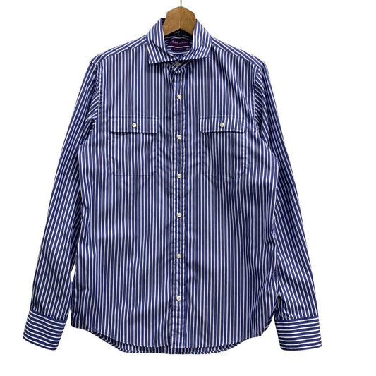 美品◆ラルフローレン シャツ パープルレーベル 2ポケット ストライプ コットン ブルー系 メンズ サイズ175/96A RALPH LAUREN 【AFB11】